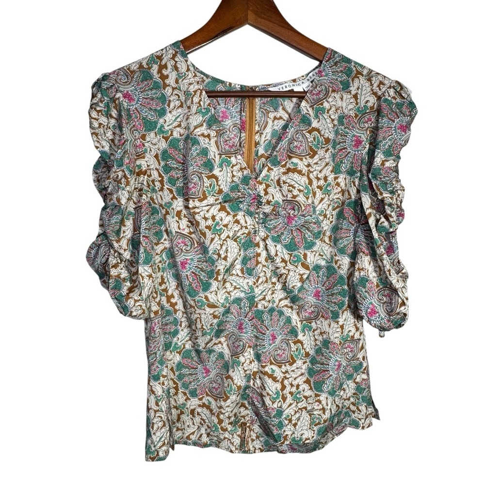 VERONICA BEARD Henrieta Ruched Paisley-print Stretch Silk Blouse Size 6 - Picture 4 of 14